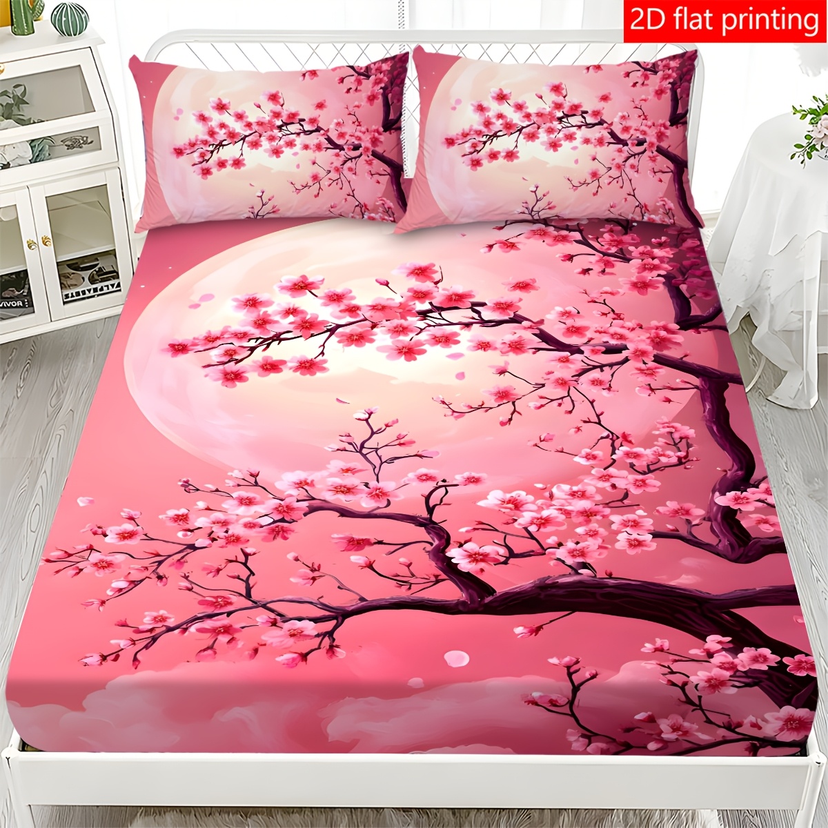 Baby Nursery Themes - Pembe Ay Kiraz Çiçeği Desenli Yatak
