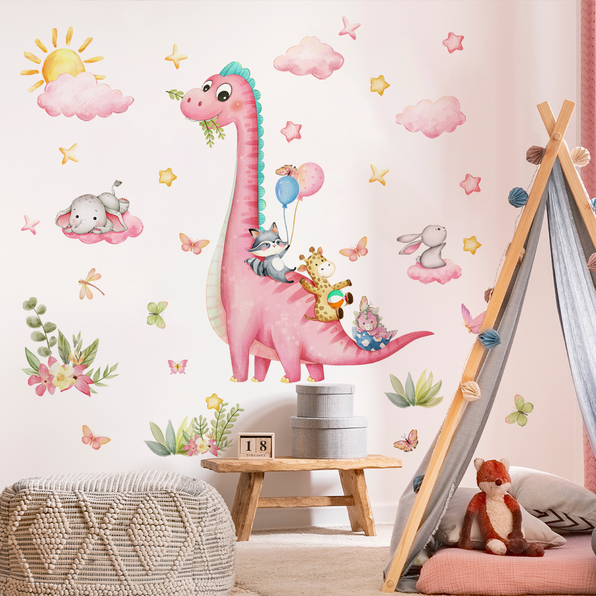 Baby Nursery Vinyl Wall Stickers - Büyük Karikatür Pembe Dinozor Hayvan Parkı