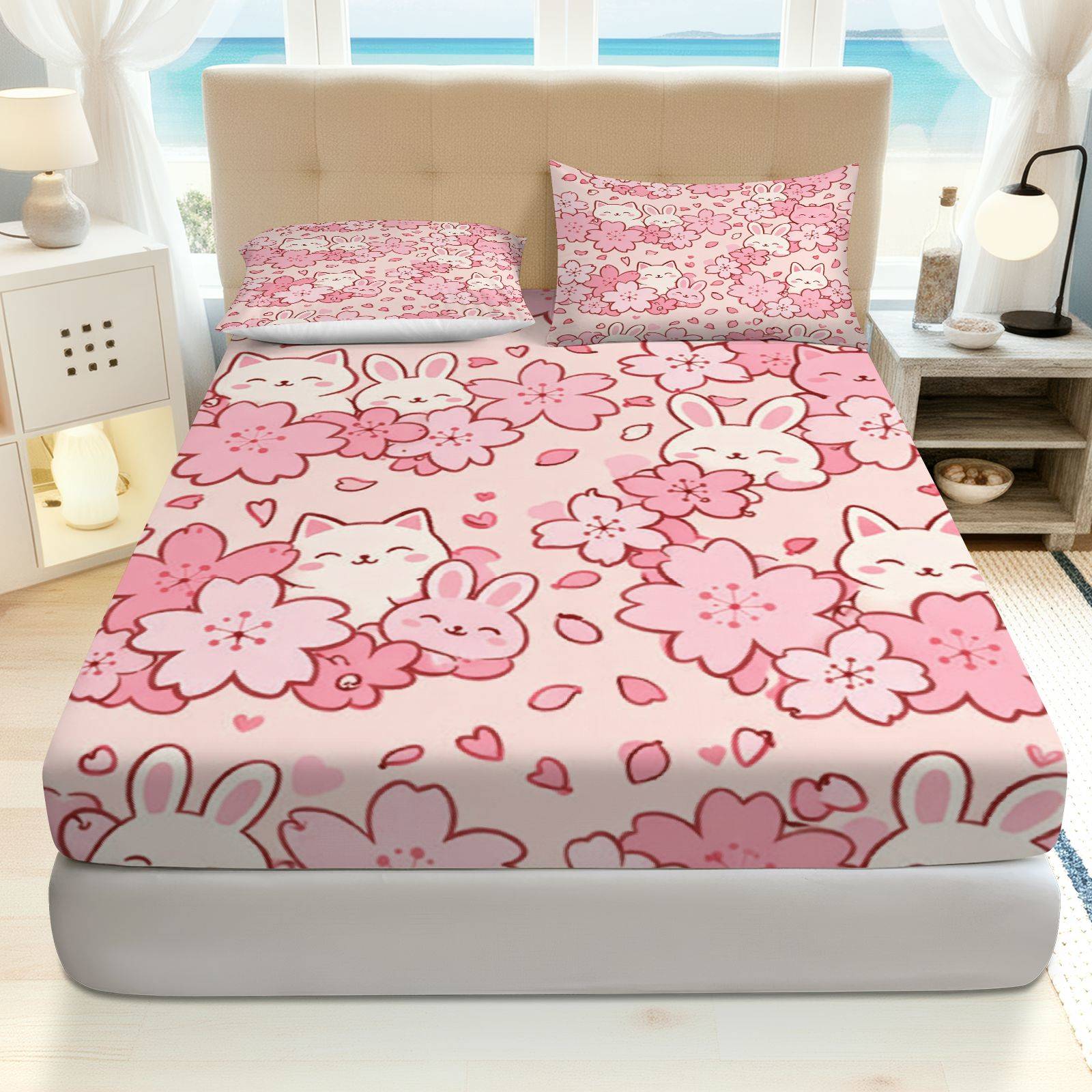 Baby Nursery Themes - Sakura Tavşan Kedi Yatak Seti, Nefes